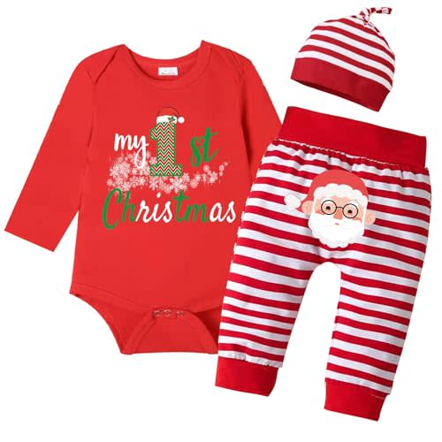 Wosixima Baby Girls Boys My 1st Christmas Outfits, Newborn Infant Xmas Santa Clothes Bodysuits + Stripes Pants + Hat
