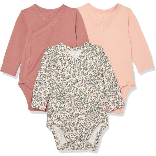 Amazon Essentials Unisex Babies' Cotton Long-Sleeve Side Snap Bodysuit, Pack of 3, Newborn