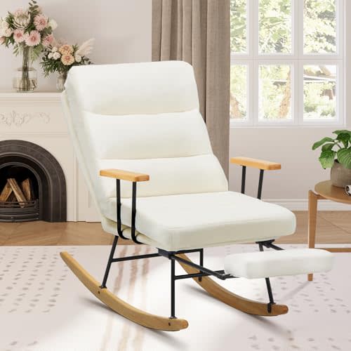 Rocking Chair with Footrest-Glider Rocker Chair with Retractable Footrest and Adjustable Backrest, Teddy Upholstered Rocking Chair, Modern Accent Chair for Living Room,Nursery,Bedroom,Outdoor-Beige
