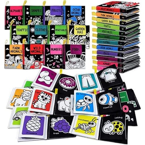 OKOOKO Soft Baby Books Black and White High Contrast 12PCS Soft Cloth Books Bath Books Crinkle Washable Non-Toxic Early Education Preschool Learning Toy for Newborns Babies Infants Toddlers Kids