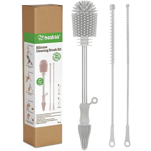 haakaa Silicone Cleaning Brush Kit - SUVA Grey - Bottle Brush for Breast Pumps, Breast Milk Collector, Baby Bottles, Nipples, Breastmilk Storage Bags - Suva Grey