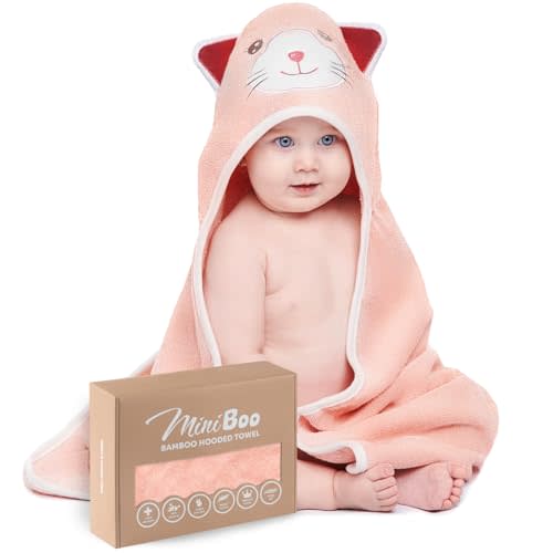 MINIBOO Premium Cat Design Towel - Extra Soft and Absorbent Rayon from Bamboo Hooded Towel for Newborns, Infants, and Toddlers - Perfect as Baby Gifts