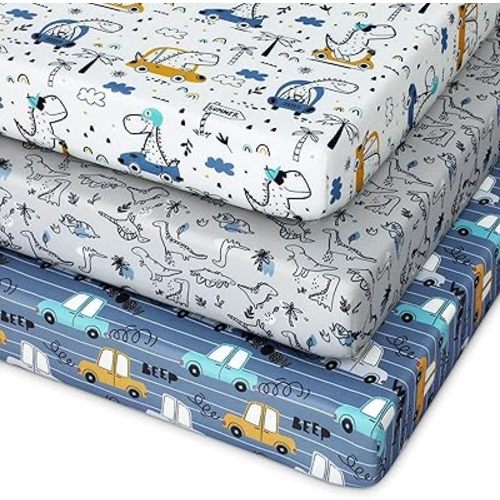 Pack and Play Sheets Fitted 3 Pack, Mini Crib Sheets for Pack N Play Mattress Stretchy Portable Playard Sheets, Soft Breathable Grey & Blue Car