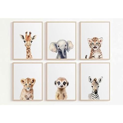 6Pcs Safari Animal Nursery Canvas Wall art Cute Elephant Giraffe Leopard Zebra Deer Kids Room Painting Pictures Wall Decor Neutral Poster Prints for Baby Boys and Girls Childrens Room Unframed