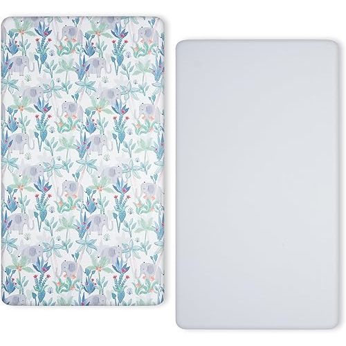 TILLYOU Baby Crib Sheets for Boys Girls, Super Soft Toddler Bed Sheets, 2 Pack Sheets for Standard Crib Mattress 28x52in, Rainforest Elephant