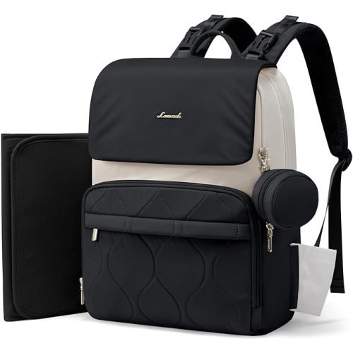 LOVEVOOK Diaper Bag Backpack, Baby Travel Bags for Boys & Girl, Toddler Diaper Bag with Changing Station & Pacifier Case (Black- Beige, 15.6 inch)