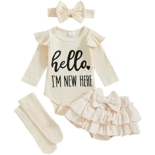 Im New Here Newborn Baby Girl Outfit Ruffle Romper Tiered Tutu Dress Shorts Headband Socks Coming Home Clothes Set