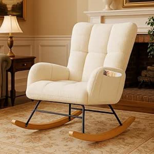COMHOMA Nursery Rocking Chair, Teddy Upholstered Glider Rocking Chair with Side Pockets, Accent Chair with High Backrest Reading Chair for Adult, Nursery, Bedroom, Living Room,Offices(Beige)