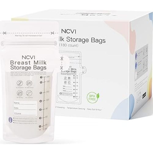 NCVI Breastmilk Storage Bags, 180 Count Milk Storage Bags for Breastfeeding, 7oz Breast Milk Storage Bags with Temp-Sensing, Doubled-Sealed, Hygienically, Self Standing, Easy Pour Spout, BPA Free
