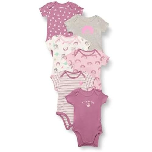 Amazon Essentials Disney | Marvel | Star Wars | Princess Baby Girls' Short-Sleeve Bodysuits, Pack of 6