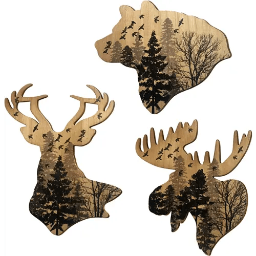 WAIU Trio Wildlife Accent Wood Wall Hanging Woodland Animal Wall Art Hanging Rustic Animal Cottage Decor Home Cottage Wall Decor Set of 3