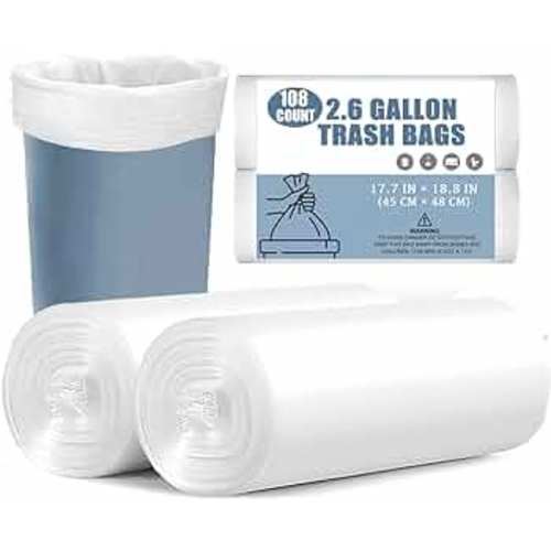 Small Trash Bags - 108 Count 2.6 Gallon Trash Bags Bathroom Trash Bags, Small Garbage Bags for Office Bedroom Kitchen, White 2.6 Gal Small Trash Can Liners