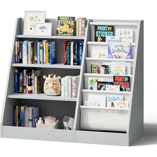 Gray 4 Tier Kids Wooden Bookshelf, Five Layer Sling Bookcase, Baby Storage Book Rack, Book and Toy Organizer Cabinet, Book Display, for Playroom, Bedroom, Toddler Room, Nursery,Classroom (Gray) - Grey