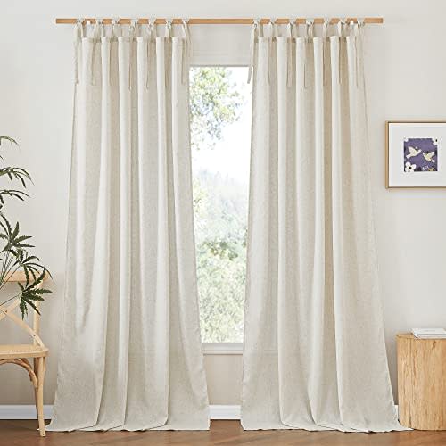 NICETOWN Natural Thick Linen Curtains for Living Room, Tie Top Light Filtering Window Curtains & Drapes Privacy with Light Filtering Drapes Casual for Bedroom/Daughter Room, W52 x L96