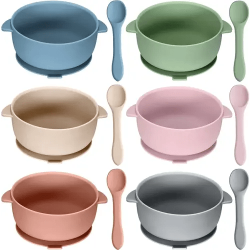 Pinkunn 6 Set Baby Silicone Suction Bowls with Spoons BPA Free Baby Led Weaning Food Bowl Food Grade Toddler Food Storage Bowl Dishwasher Microwave Safe Feeding Set (Cute Color)
