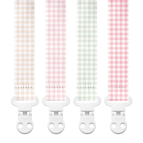Stadela Baby Fabric Pacifier Clip Holder, Plastic Clip, 4‑Pack, Gingham Pattern, Cottagecore Set