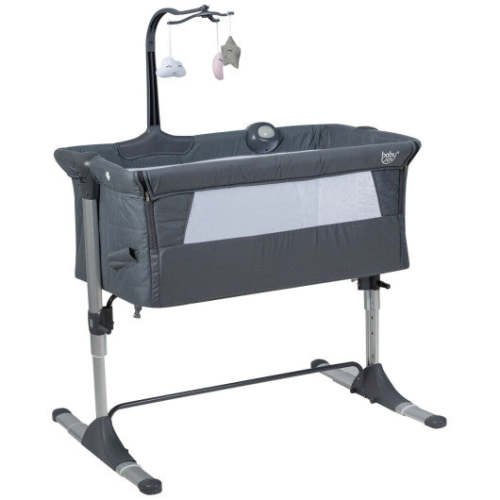 Height Adjustable Baby Side Crib  With Music Box & Toys-Dark Gray