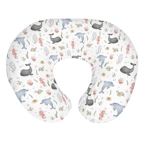 Watercolor Sea Animals Baby Nursing Pillow Covers for Boy Girl Whale Dolphin Turtle Jellyfish Coral Nursery Pillowcase for Breastfeeding Pillows Ocean Marine Soft Stretchy Slipcover for Newborn Infant