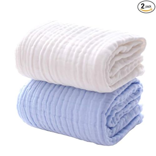 MUKIN Baby Bath Towels, Super Soft Cotton Receiving Blanket for Baby's Delicate Skin,2Pack Swaddle Blanket for Newborns Toddlers Boy Girl,Baby Registry as Shower (White+Blue)