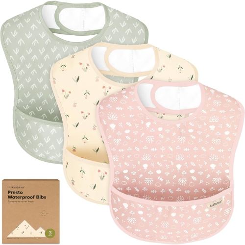 3-Pack Waterproof Baby Bibs for Eating - Lightweight Toddler Feeding Bibs with Large Food Catcher, Mess Proof, Food-Grade Baby Eating Essentials, Easy to Put On & Clean (Fleur)