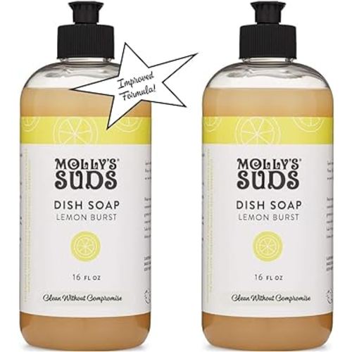 Molly's Suds Natural Liquid Dish Soap | Long-Lasting, Powerful Plant-Powered Ingedients | Herbal Lemon Scent | 16 oz - 2 Pack