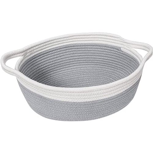 Goodpick Small Woven Storage Basket with Handles, Cotton Rope Baskets for Gifts Empty, Dog Toys, Diapers, Towels, Easter Baskets for Kids, 12" x 8" x 5", Gray