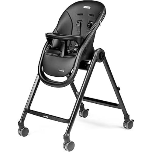 Peg Perego Living, Grow with Baby Folding High Chair & Recliner, Height Adjustable, Quick Clean & Easy Push Wheels for Babies & Toddlers, Made in Italy, True Black