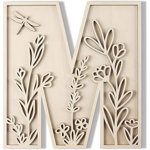 Layered 12 Inch Large Wooden Letters for Wall Decor, Flowered Paintable Wooden Nursery Letters for Crafts Wood Alphabet Letter M for Birthday Boho Nursery Name Sign Wedding Home Decoration