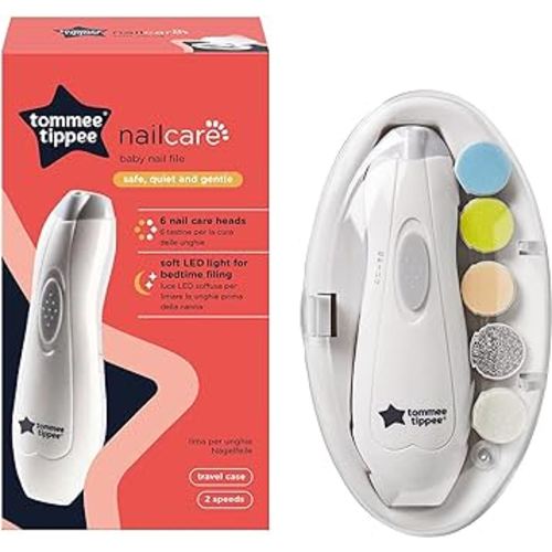 Tommee Tippee Electric Baby Nail File, with Six Filing Heads for Baby and Adult Use, Battery-Powered Infant Nail Clipper with LED Light and Adjustable Speed and Direction Settings