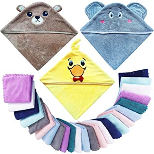 3 Pack Baby Hooded Bath Towel with 24 Count Washcloth Sets for Newborns Infants & Toddlers, Boys & Girls - Baby Registry Search Essentials Item - Bear, Elephant, Duck