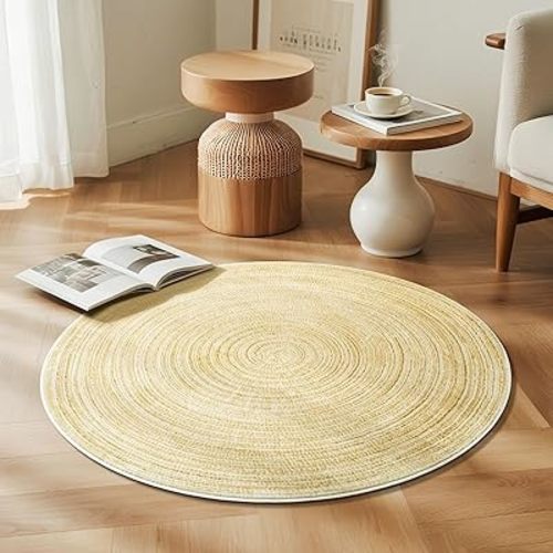 Carvapet Faux Jute Small Round Rug 3ft – Jute-Like Pattern Design Washable Low Pile Area Rug with Non-Slip Rubber Backing, Soft Natural Look Decorative Circle Carpet for Living Room