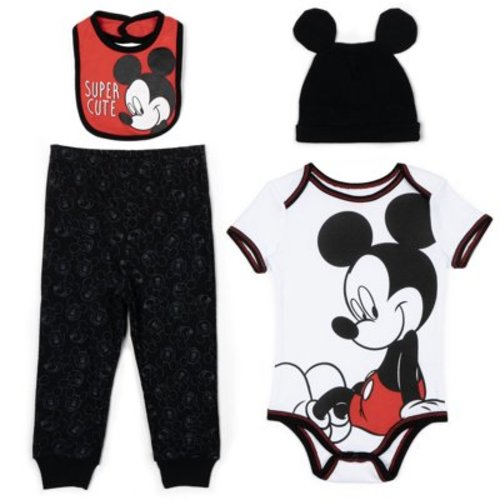 Disney Mickey Mouse Newborn Baby Boys Bodysuit Pants Bib and Hat 4 Piece Outfit Set Newborn to Infant