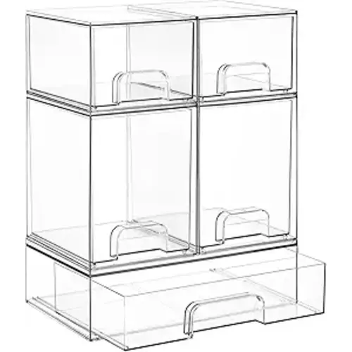 Stackable Storage Drawers Set of 5, Clear Plastic Organizer Bins for Baby Bottle, Beauty Supplies Storage, Ideal for Kichen Countertop, Vanity, Bathroom, Cabinet, Pantry Organization