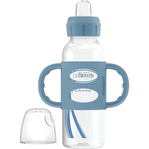 Dr. Brown's Milestones Narrow Sippy Bottle with 100% Silicone Handles,Easy-Grip Bottle with Soft Sippy Spout,8oz/250mL,BPA Free,Light-Blue,6m+