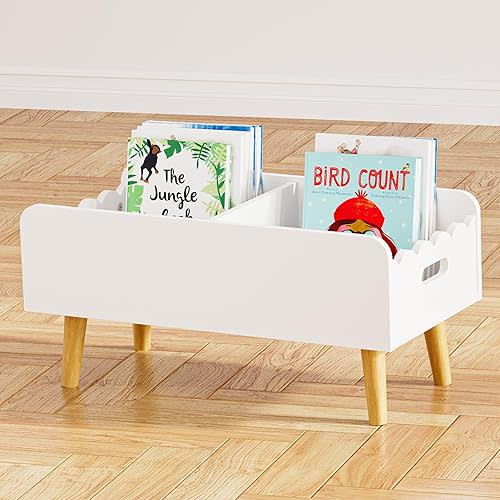 GRANTLEY Montessori Kids Bookshelf for Toddler - Wooden Book Shelf with Toy Storage for Kids Rooms, Floor Book Case for Nursery with Dividers（White）