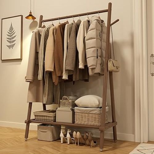 Solid Wood Clothing Rack, Rolling Clothes Rack for Hanging Clothes, Garment Rack with Shelves Load 350 Lbs, Portable Closet Organizer on Wheels for Hanging Clothes (Walnut)