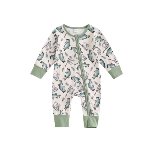 Qtinghua Newborn Baby Girl Boy Clothes Fishing Long Sleeve Bubble Romper Zip Up Jumpsuit One Piece Cute Fall Winter Outfit