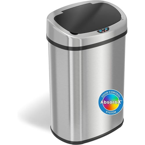 iTouchless SensorCan 13 Gallon Trash Can with Odor Filter, Stainless Steel Oval Automatic Trashcan for Home Office Bedroom Living Room Garage Large Capacity Slim Space-Saving Trash Bin