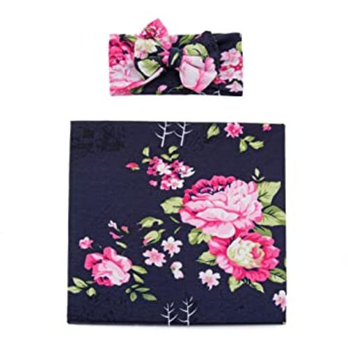 Galabloomer Newborn Receiving Blanket Headband Set Baby Flower Rose Swaddle with Big Bow (Blue Nights)