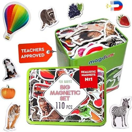 110 Fridge Magnets for Toddlers - Animals (farm & zoo), fruits & vegetables, vehicles