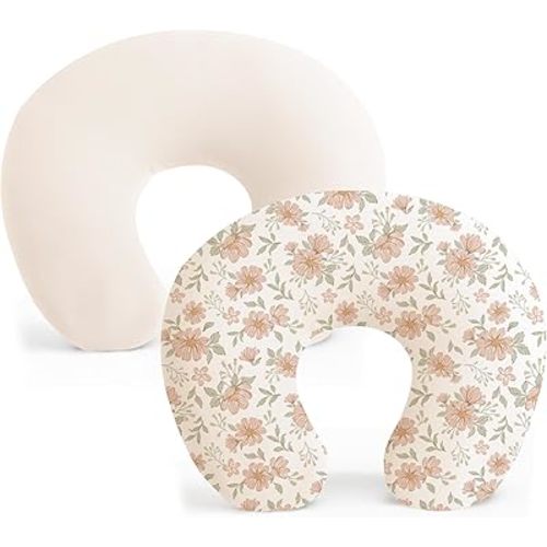 Konssy 2 Pack Nursing Pillow Covers, Stretchy and Soft Nursing Cover for Breastfeeding Pillows, Pillow Slipcover for Baby Girls Boys Newborn (Beige, Blush Blossom)