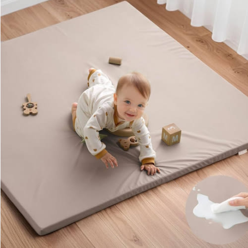 Blissful Diary Vegan Leather Baby Play Mat, 50x50 Thicken Foam Cushioned & Waterproof Playpen Mat for Infants and Toddlers, Stylish and Just Wipe-Clean Playmat for Baby Play on Floor, Brown Gray