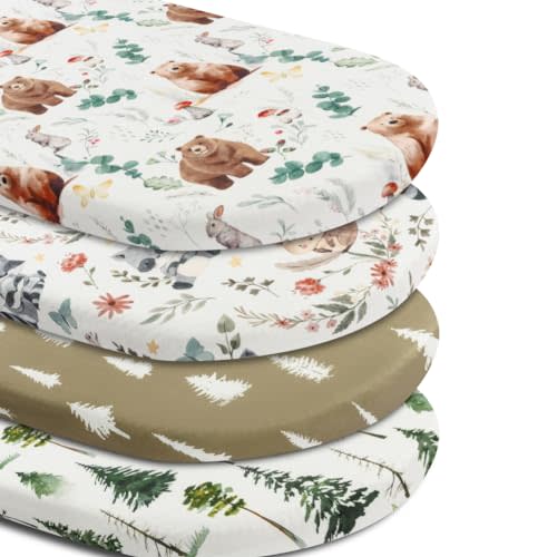 4 Pack Bassinet Sheets Woodland Forest Animals Wood Neutral Unisex Fitted Baby Bassinet Sheets Set for Standard Bassinets for Baby Boys or Girls