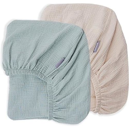 2 Pack Muslin Crib Sheets for Boys Girls Rutiwa Baby Sheets for Crib 100% Cotton Soft Breathable Sheets Neutral Fit Standard Crib & Toddler Bed Mattress 28"x52"(Harbor Gray/Beige)