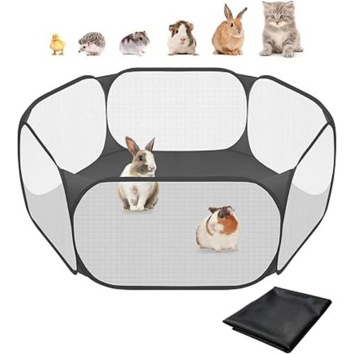 Amakunft 2 in 1 Small Animal Playpen with Waterproof Pad, Pop-Up Portable Play Yard for Guinea Pigs, Rabbits, Hamsters, Hedgehogs, Foldable Exercise Fence with Breathable Mesh for Indoor Outdoor Use