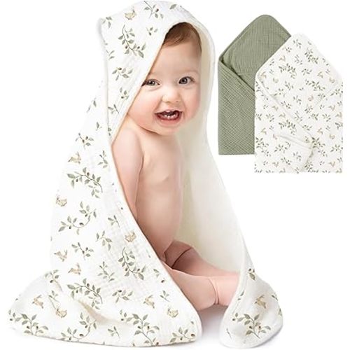 Konssy 2-Pack Muslin Hooded Baby Towels, 100% Cotton, Ultra-Soft & Absorbent Baby Bath Towels with Hood for Newborn & Infant (Fog Green, Sprout, 30'' x 30'')