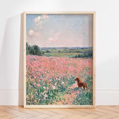 Monet Wildflower Pastel Oil Painting Print, Dachshund Weiner Dog Art, Floral Landscape Wall Art