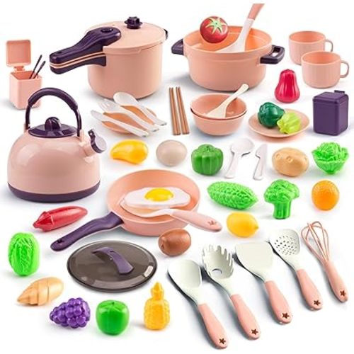 60Pcs Kids Mini Play Kitchen Accessories, Pretend Cooking Play Set with Cookware, Tableware & Fruit & BBQ Sets, Learning Gift for Boys, Girls, Toddlers,Pink