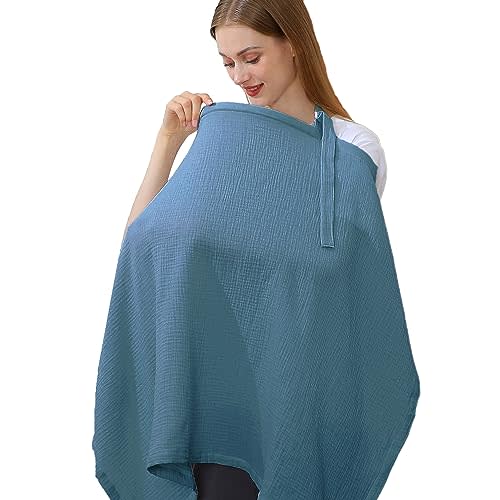 Hicoco 100% Muslin Cotton Breastfeeding Cover, Multi-use Nursing Covers with Arch Neckline, Cotton Breathable Nursing Apron (blue)