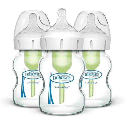 Dr. Brown's Natural Flow Anti-Colic Options+ Wide-Neck Glass Baby Bottles 5 oz/150 mL, with Level 1 Slow Flow Nipple, 3 Pack, 0m+